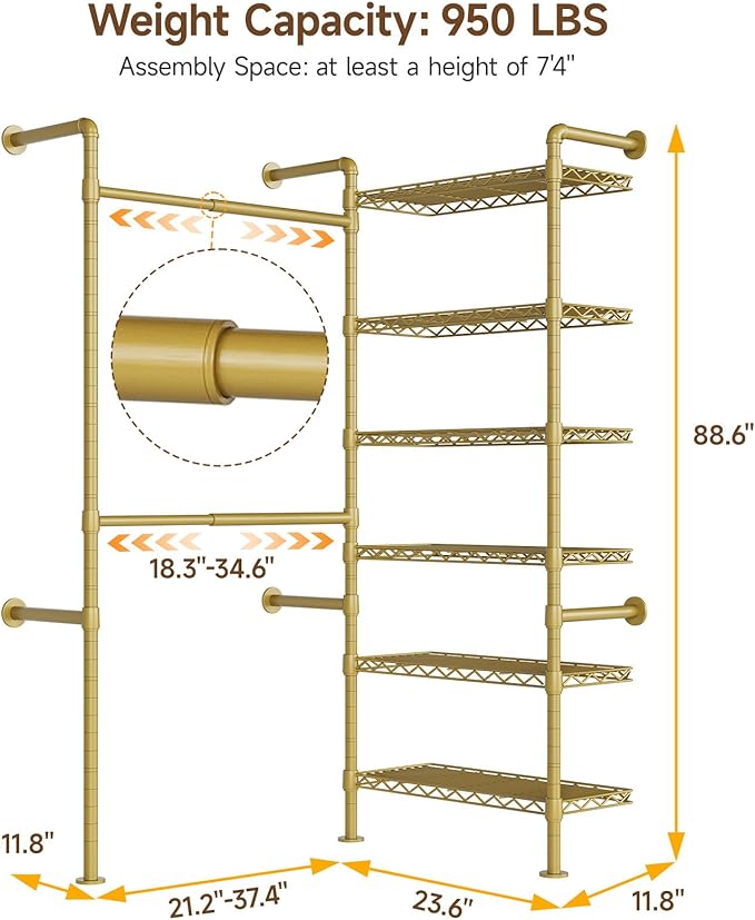 L2 Wall Mounted Closet System, Industrial Pipe Clothing Rack Clothes Racks - Image 2