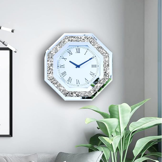 Wall Clock, Octagon Mirror Glass Clock, Cute Diamond 12-inch Non-Ticking Clock - Image 6