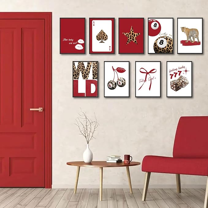 LOARTVE 9Pcs Trendy Red Leopard Wall Art Prints Funky Lucky 8 Ball Posters - Image 2
