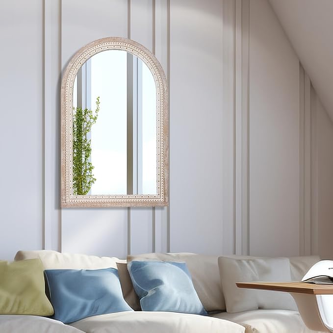 36x24 Inch Rustic Farmhouse Arched Wall Mirror, Boho Distressed Wooden Frame - Image 4