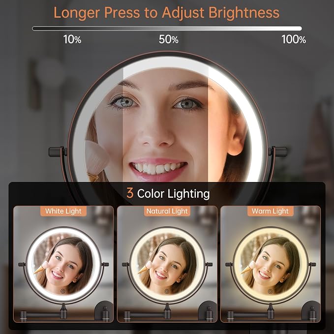 5000mAh Rechargeable Wall Mounted Lighted Makeup Vanity Mirror Double Sided 1X - Image 4