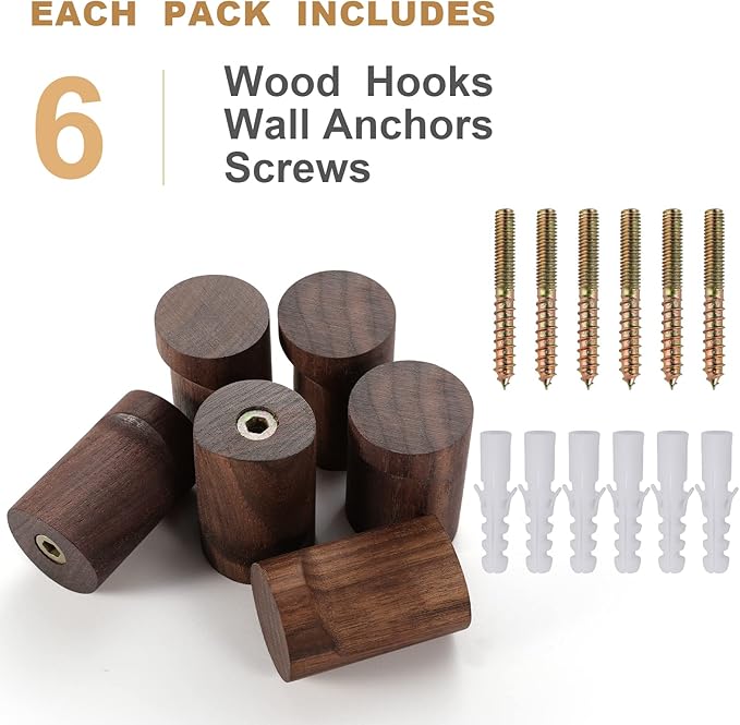 bsdonte Wood Wall Hooks 6 Pack, Natural Wooden Coat Hooks Wall Mounted - Image 6