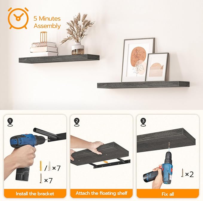 HOOBRO Floating Shelves for Wall, Wall Mounted Shelf Set of 2, 23.6" Hanging - Image 7