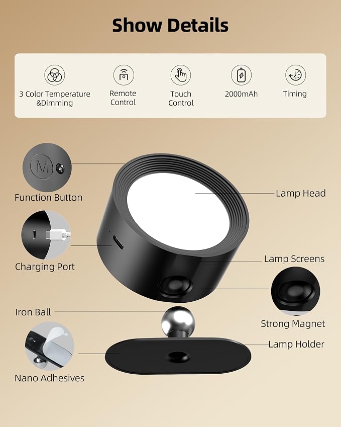 LED Wall Mounted Lights, Rechargeable Wall Sconces Lamp, 3 Color Temps & Remote - Image 8