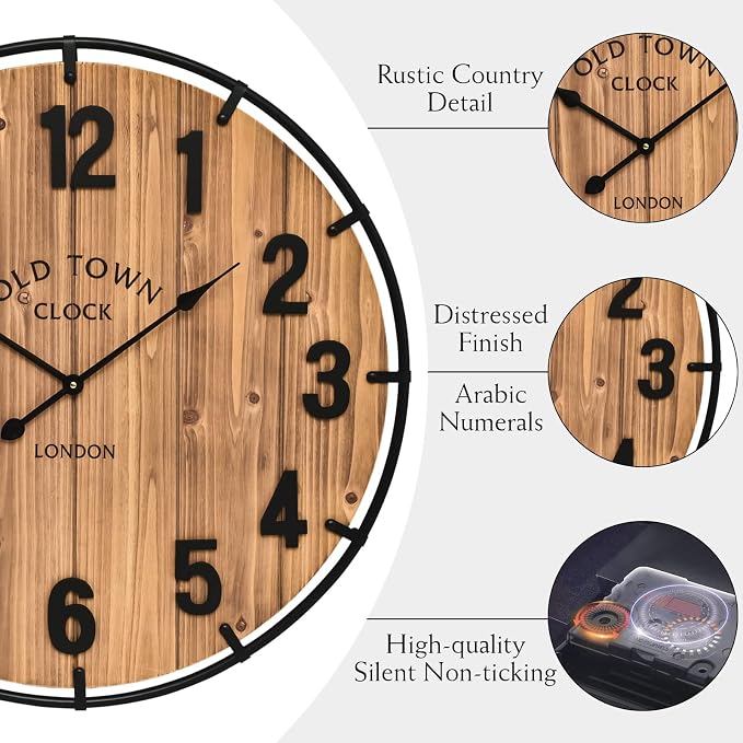 EMAX HOME Large Old Town Farmhouse Wall Clock 30 Inches Rustic Antique Wood - Image 6
