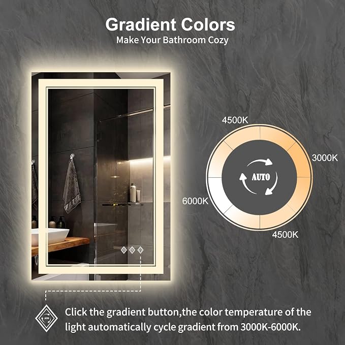 LED Mirror for Bathroom, 24x36 Inch Gradient Front and Backlight LED Bathroom - Image 3