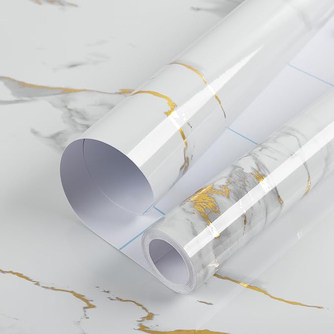 practicalWs Glossy Marble Wallpaper Peel and Stick White/Gold Granite Contact by practicalWs