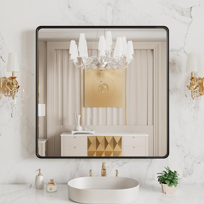 LOAAO 38x38 Inch Black Metal Framed Bathroom Mirror by LOAAO