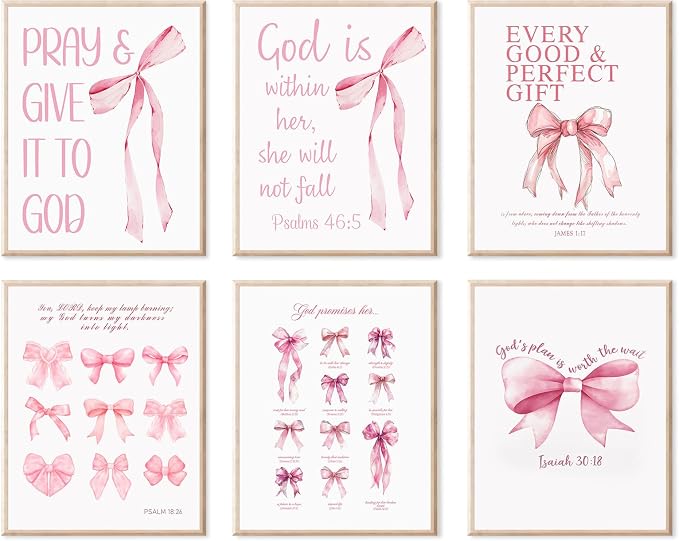 KBKBART Coquette Pink Bow Wall Art Decor Posters– Set of 6 Unframed 8x10 Prints by KBKBART