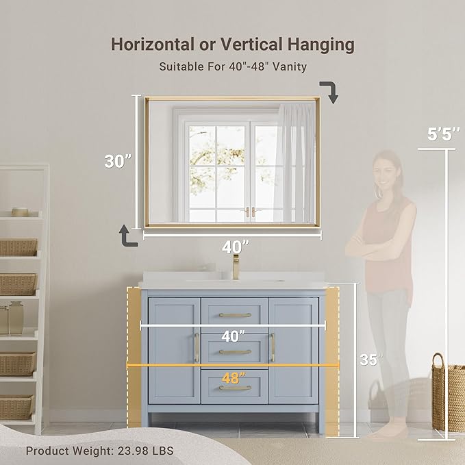 40 x 30 Gold Bathroom Mirror, Brushed Gold Beveled Bathroom Mirror, - Image 2