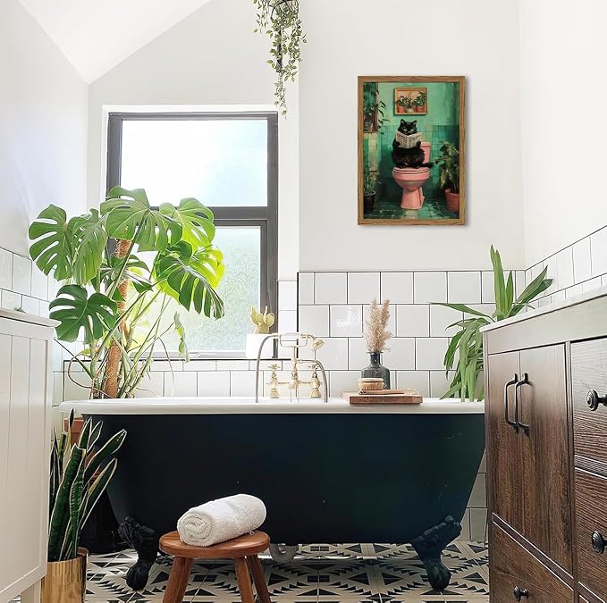 Funny Bathroom Cat Wall Art, Humorous Black Cat Restroom Wall Decor Paintings - Image 5