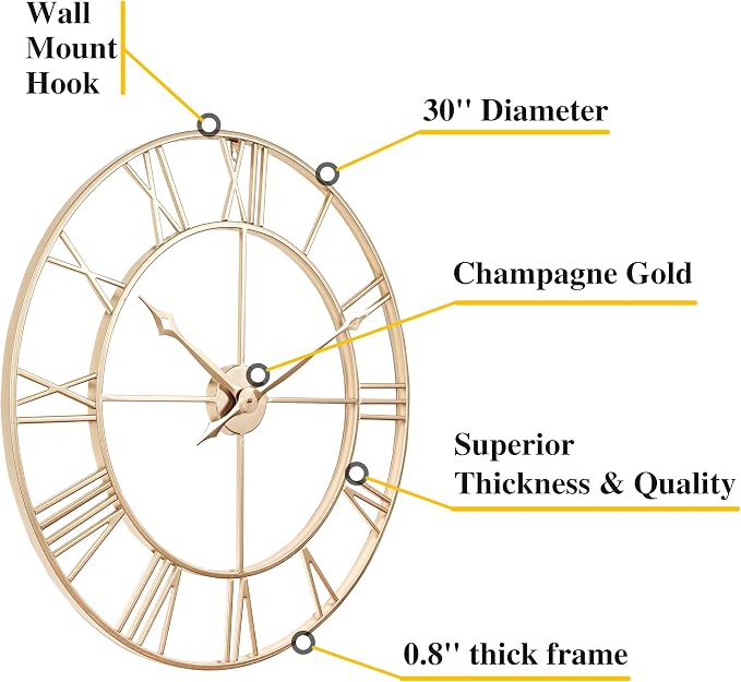 CLXEAST Champagne Gold 30 Inch Wall Clock, Large Modern Metal Roman Numeral - Image 2