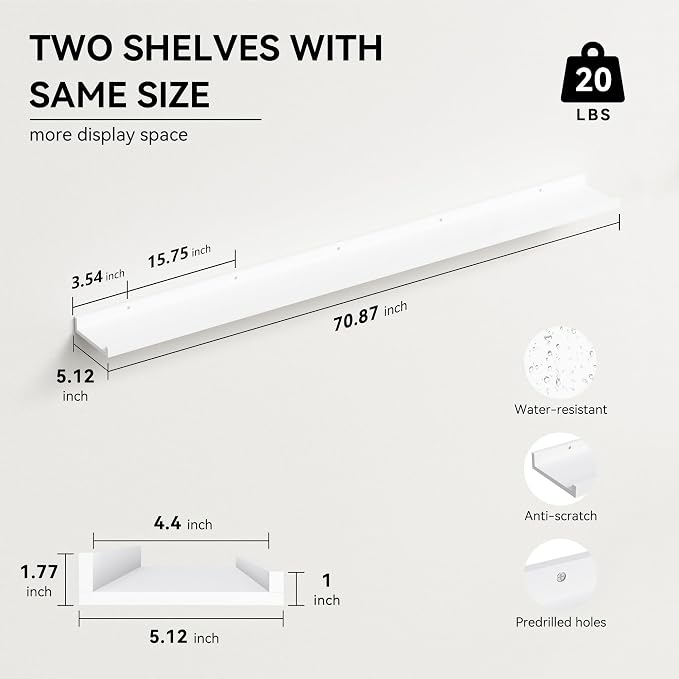 Boswillon 70.9 Inches Long Floating Shelves, 2 Set White Wall Shelf - Image 3