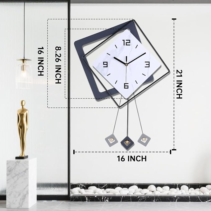 Wall Clock with Pendulum, Silent Quality Quartz Battery Operated, Metal Modern - Image 3