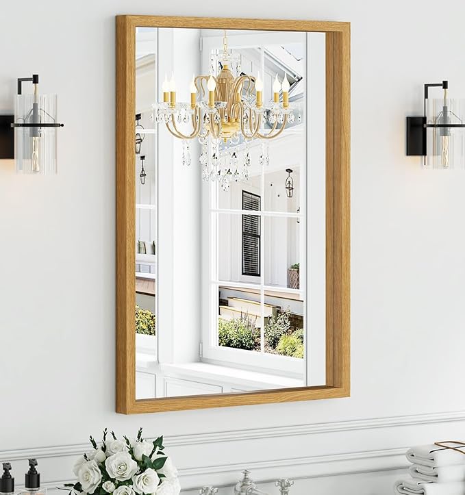 Syndra Natural Wood Frame Bathroom Mirror, 24x36'' Modern Vanity Mirror by Syndra