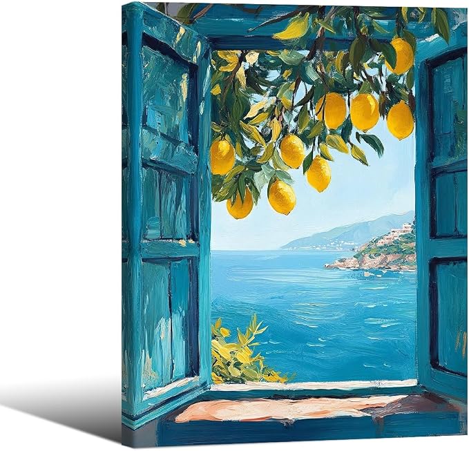 Framed Canvas Wall Art Posters Mediterranean Window View Coastal Lemon Tree by PDFI