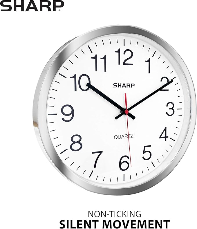 Sharp Wall Clock – Silver/Chrome, Silent Non Ticking 12 Inch Quality Quartz - Image 2