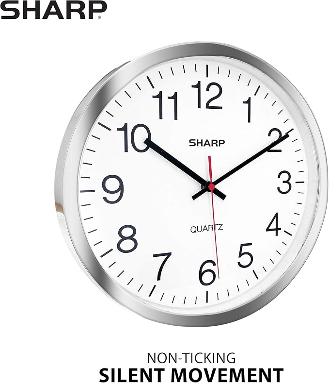 Sharp Wall Clock – Silver/Chrome, Silent Non Ticking 10 Inch Quality Quartz - Image 2