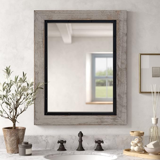 YOSHOOT Rustic Wooden Framed Wall Mirror, Natural Wood and Iron Bathroom Vanity - Image 2