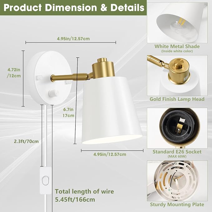 Lomoky Dimmable Wall Sconces Set of 2, Adjustable Angle Wall Lights - Image 2
