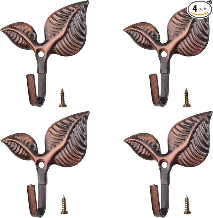 Set of 4 Vintage Leaf Wall Hooks Red Bronze Metal Coat Hooks Heavy Duty by Unknown