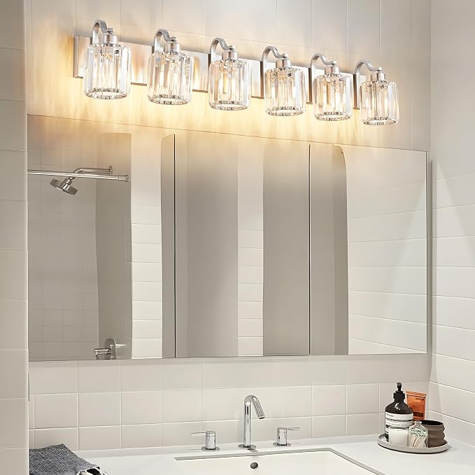 Crystal Bathroom Lighting Fixtures Over Mirror, 6 Light Brushed Nickel Vanity - Image 6