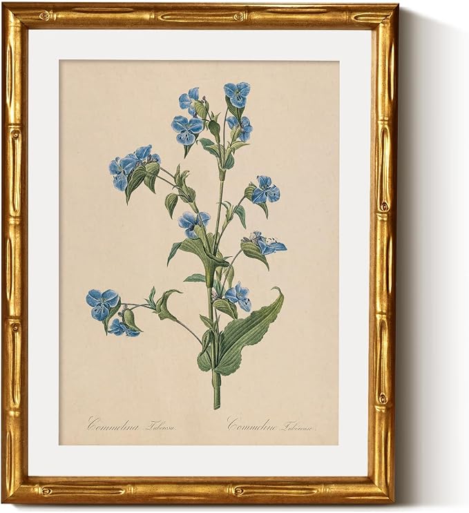 InSimSea Gold Bamboo Framed Canvas Wall Art, Retro Blue Myosotis Botanical by InSimSeaArt