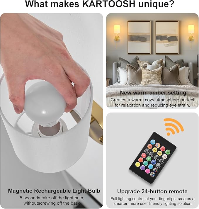 Battery Operated Wall Sconces Set of Two, Wireless Rechargeable Wall Light - Image 4
