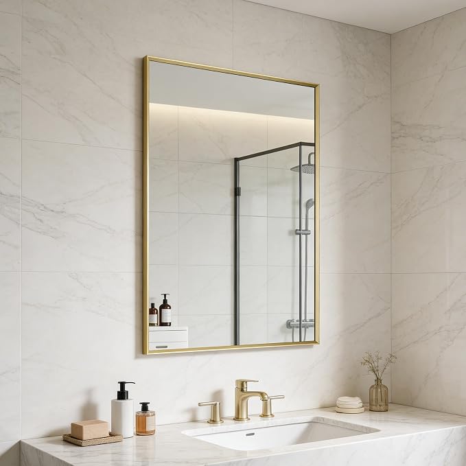 Bathroom Mirror for Wall, 36x24 Inch Metal Framed Mirror, Brushed Gold - Image 3