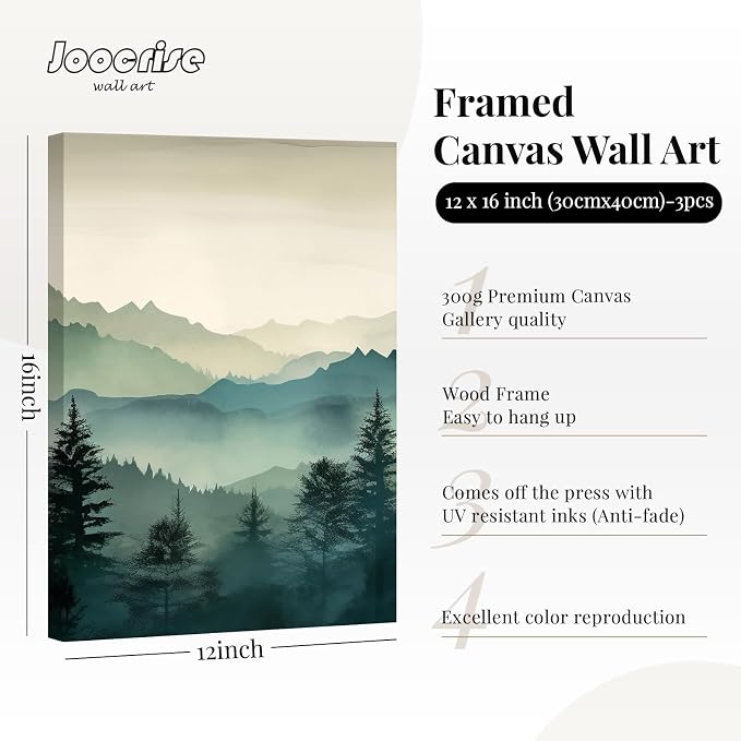 Mountain Wall Art Decor Set of 3 Sage Green Forest Canvas Wall Art Prints - Image 2