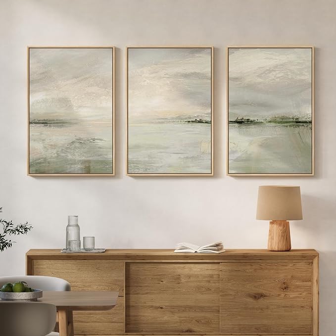 Large Framed Sage Green Abstract Landscape Wall Art, 3 Piece Modern Canvas - Image 4