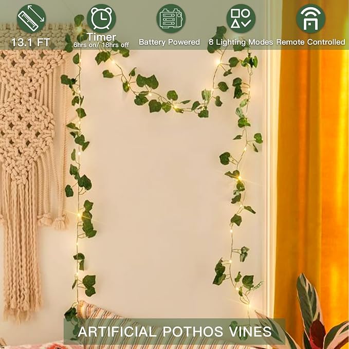 suddus Vine with Fairy Lights Battery Operated, 13.1ft 40 LED Pothos String - Image 4
