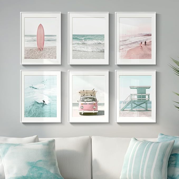 Framed Coastal Beach Wall Art for Living Room, 6 Piece Ocean Wave Surfboard - Image 2
