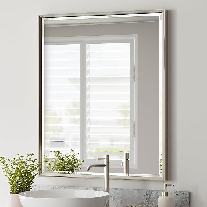 Brushed Nickel Bathroom Mirror, 30x36 Inch Beveled Framed Bathroom Mirror by QUEENFUN