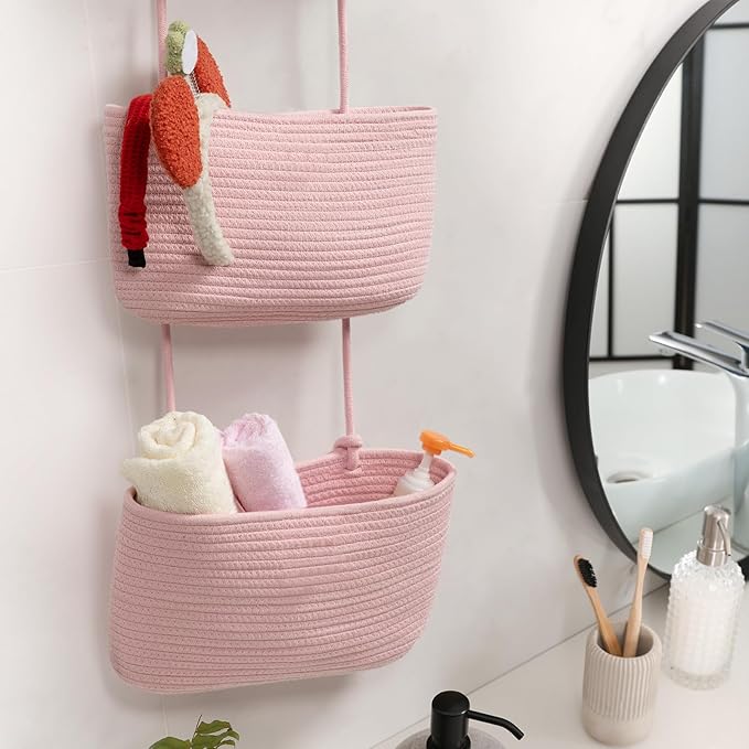 TeoKJ Over the Door Hanging Basket, 3-Tier Woven Cotton Wall-Mounted Storage - Image 9