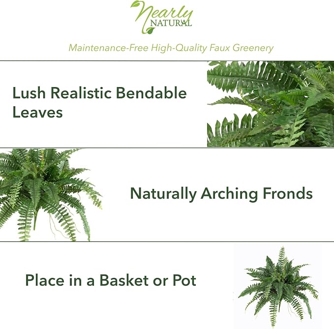 Nearly Natural 40-in Artificial Boston Fern, Large Hanging Fake Plant Wall Decor - Image 4