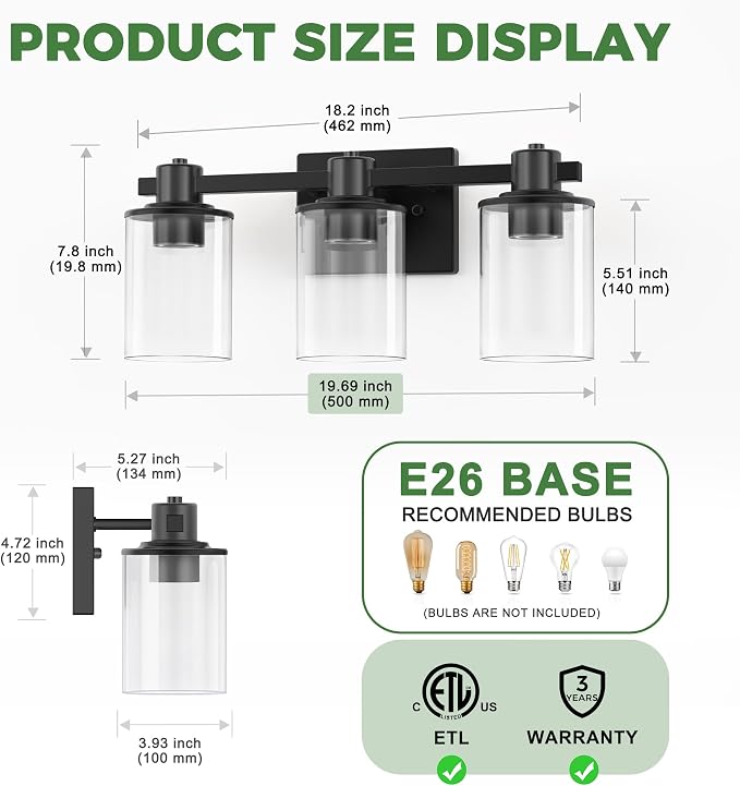 DORESshop 20 Inch Upgraded Bathroom Light Fixtures, 3-Light Black Bathroom - Image 4