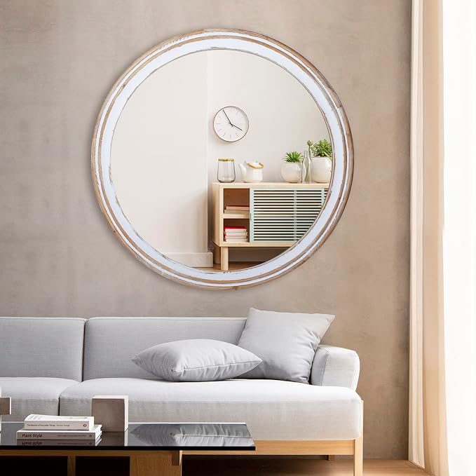 Reflinto 30 Inch Rustic Farmhouse Wooden Round Mirrors - Image 5