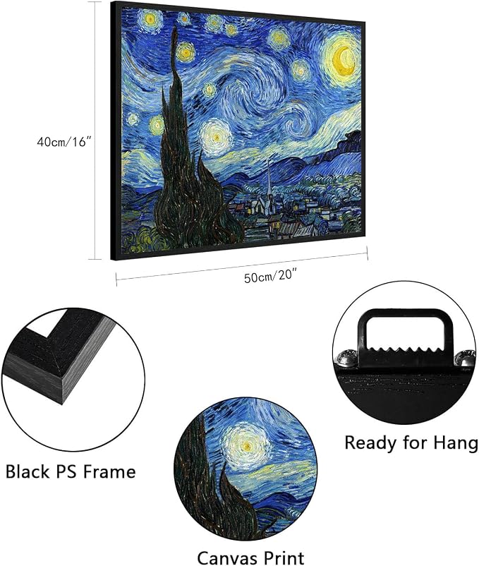 Van Gogh Canvas Wall Art: Starry Night Painting Famous Art Prints Posters Black - Image 3
