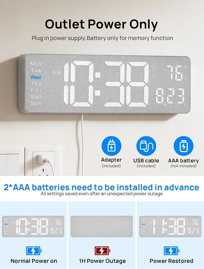 MASHI 2026 Upgrade Digital Wall Clock, Auto-Dimming Wall Clock - Image 7