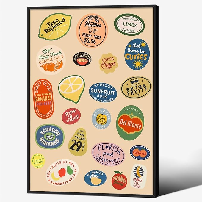 Black Framed Canvas Wall Art Posters Trendy Kitchen Vintage Fruit Market by PDFI