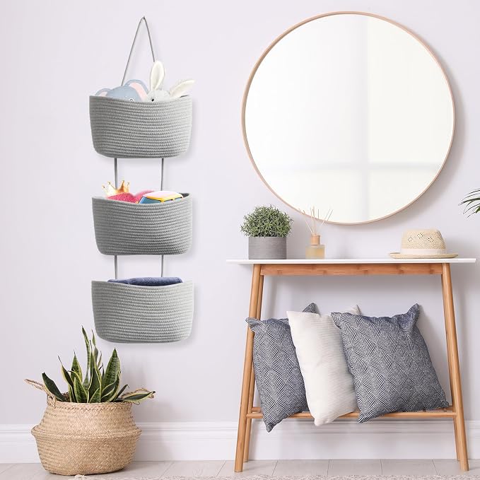 TeoKJ Over the Door Hanging Basket, 3-Tier Woven Cotton Wall-Mounted Storage - Image 4