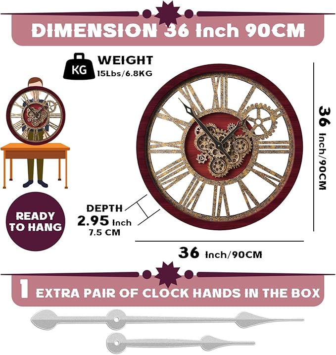 The B-Style Large Wall Clock 24 inch Moving Gear Wall Clock Oversized Vintage - Image 3