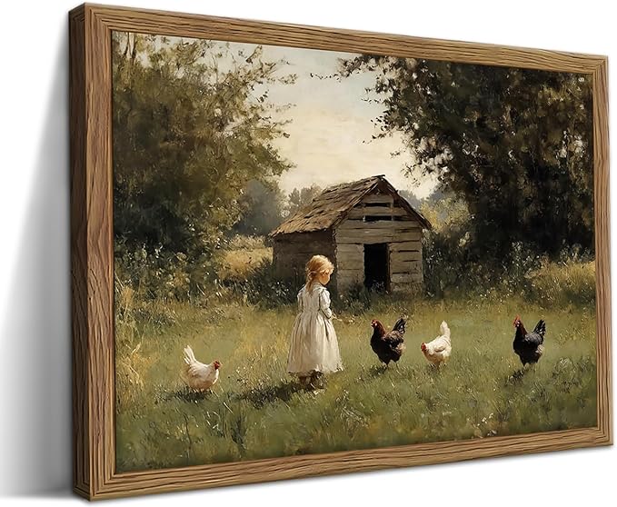 Vintage Country Framed Wall Art, Little Girl and Chick Canvas Prints, Rustic by MUWAKWallArt