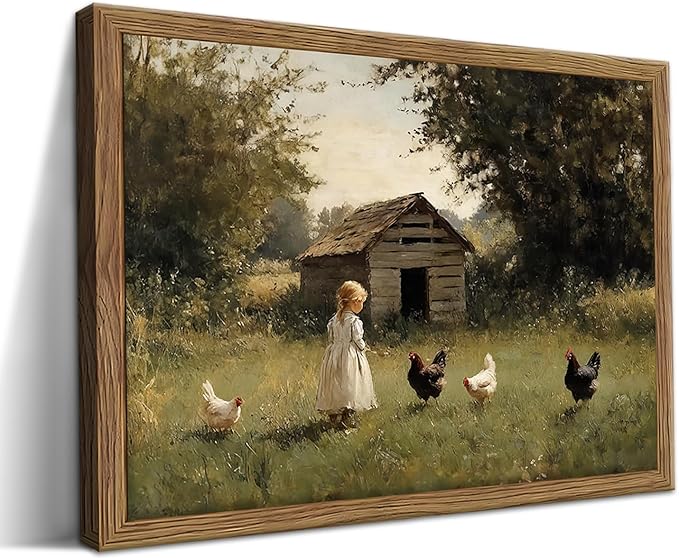 Vintage Country Framed Wall Art, Little Girl and Chick Canvas Prints, Rustic by MUWAKWallArt