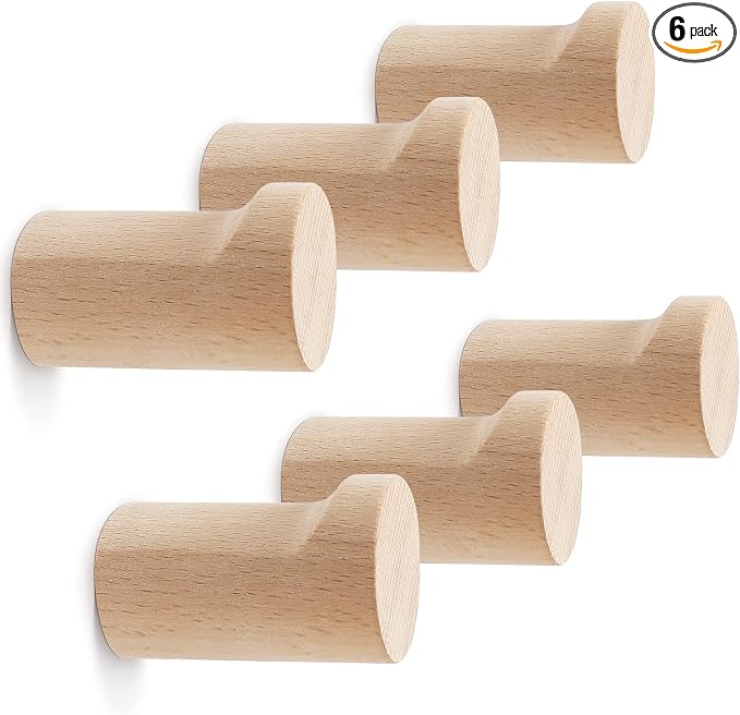 bsdonte Wood Wall Hooks 6 Pack, Natural Wooden Coat Hooks Wall Mounted by bsdonte