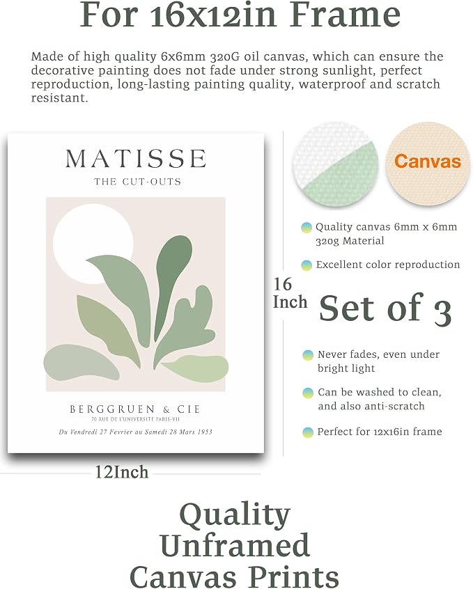 Unframed Sage Green Wall Art Set of 3, 12x16IN Abstract Matisse Wall Decor - Image 2
