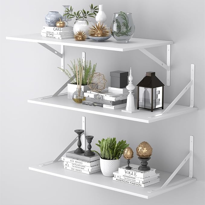 Deep Floating Shelves for Wall Set of 3, 24W x 12 Inch Deep White Floating by Unknown