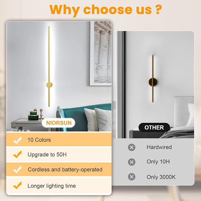 NIORSUN 35.4 Inch Battery Operated Wall Sconce Set of 2, 10 Colors Dimmable - Image 8