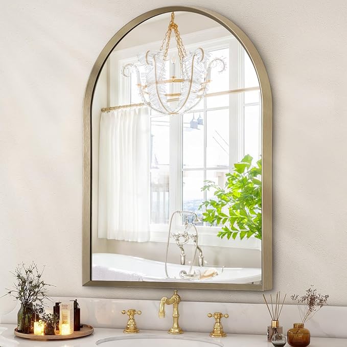 Bathroom Arched Wall Mirror Brushed Metal Vanity Wall Mounted Mirror by HLFMVWE